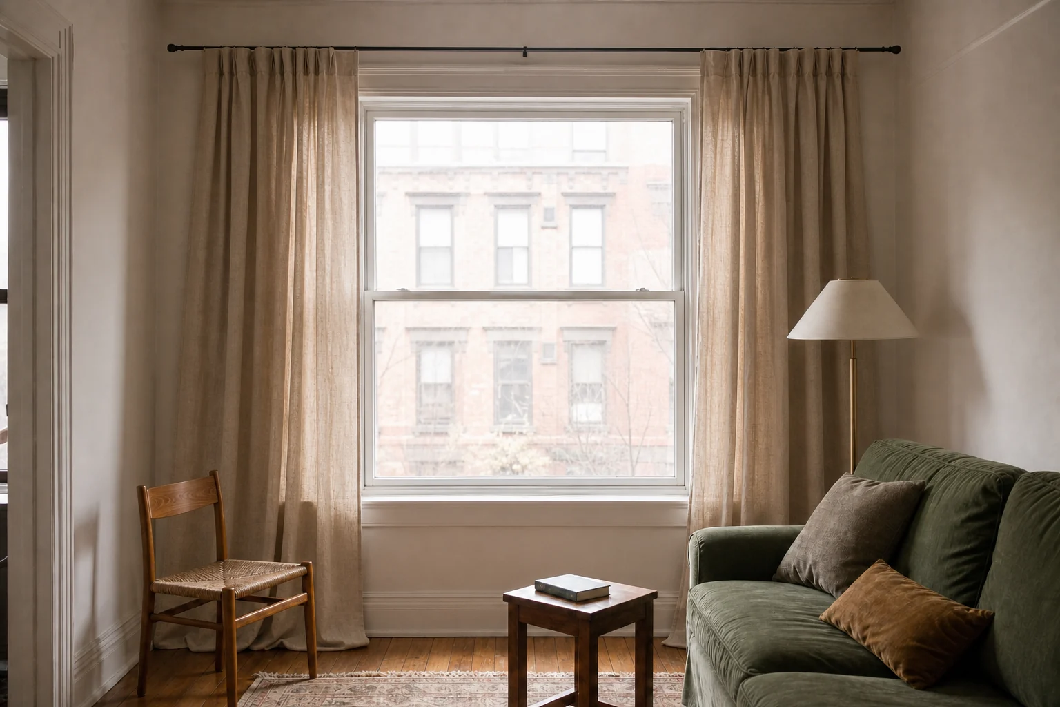 Full-length linen curtains stacked mostly beyond a wide apartment window