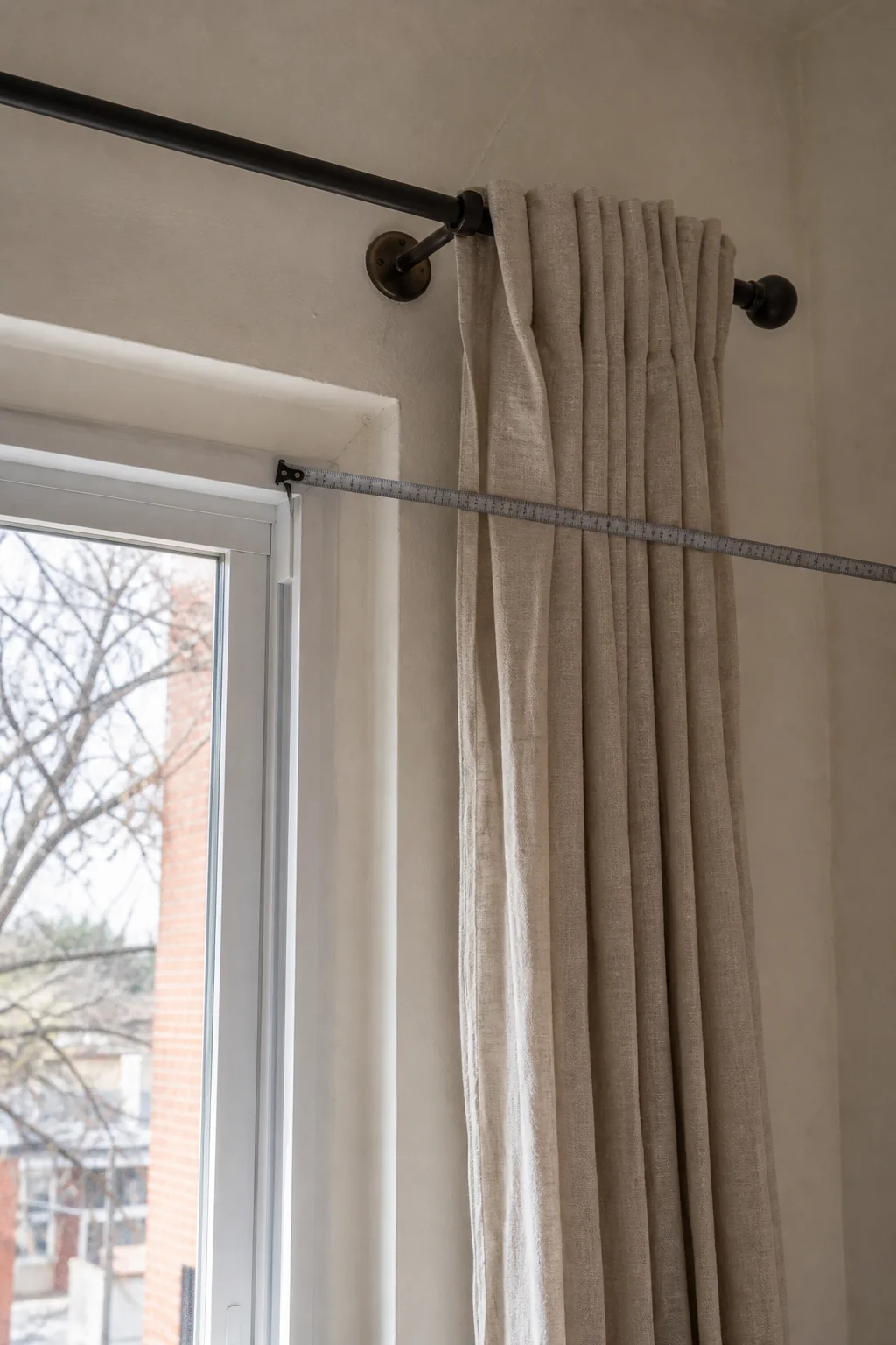 Hands checking a curtain rod position with a tape measure beside softly wrinkled linen