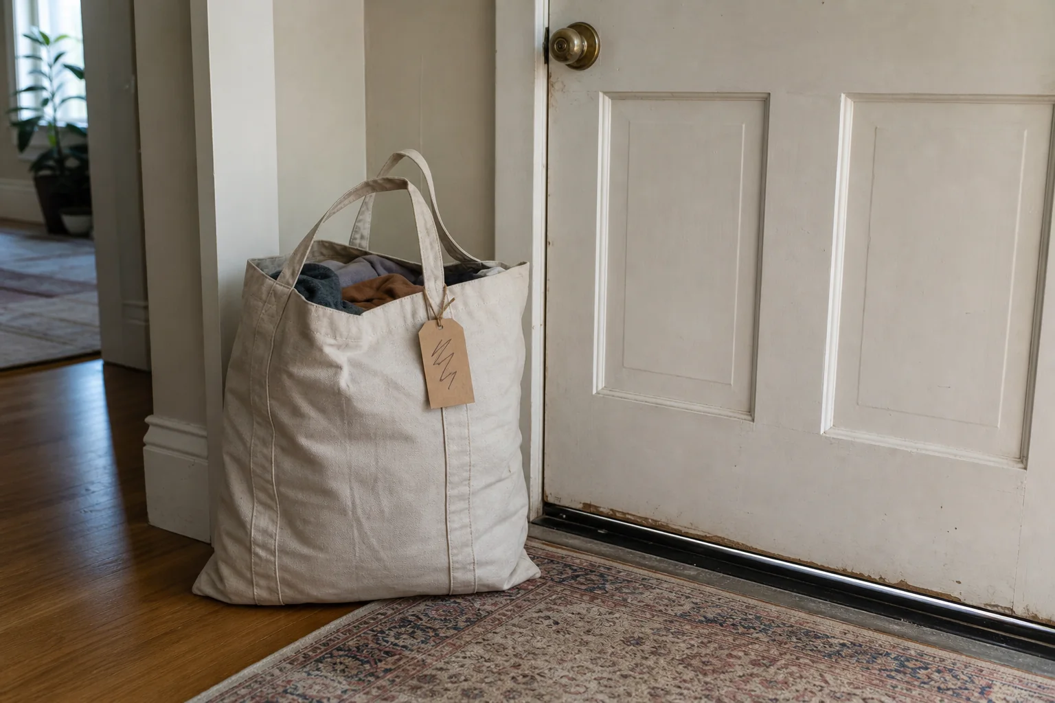 A reusable donation bag waiting beside an ordinary front door