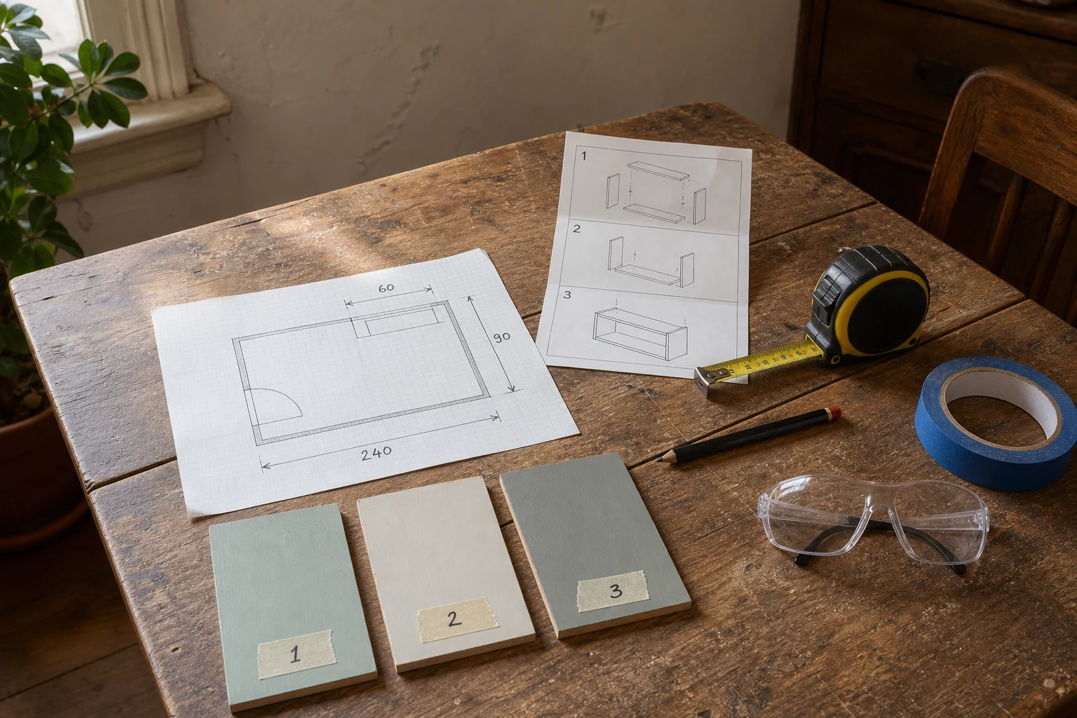 Measured room sketch, diagram instructions, labelled finish samples, tape measure, pencil and safety glasses on a worn wooden table