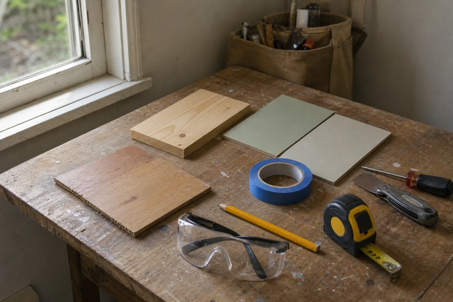 Used measuring tools, safety glasses and material samples on a practical home worktable