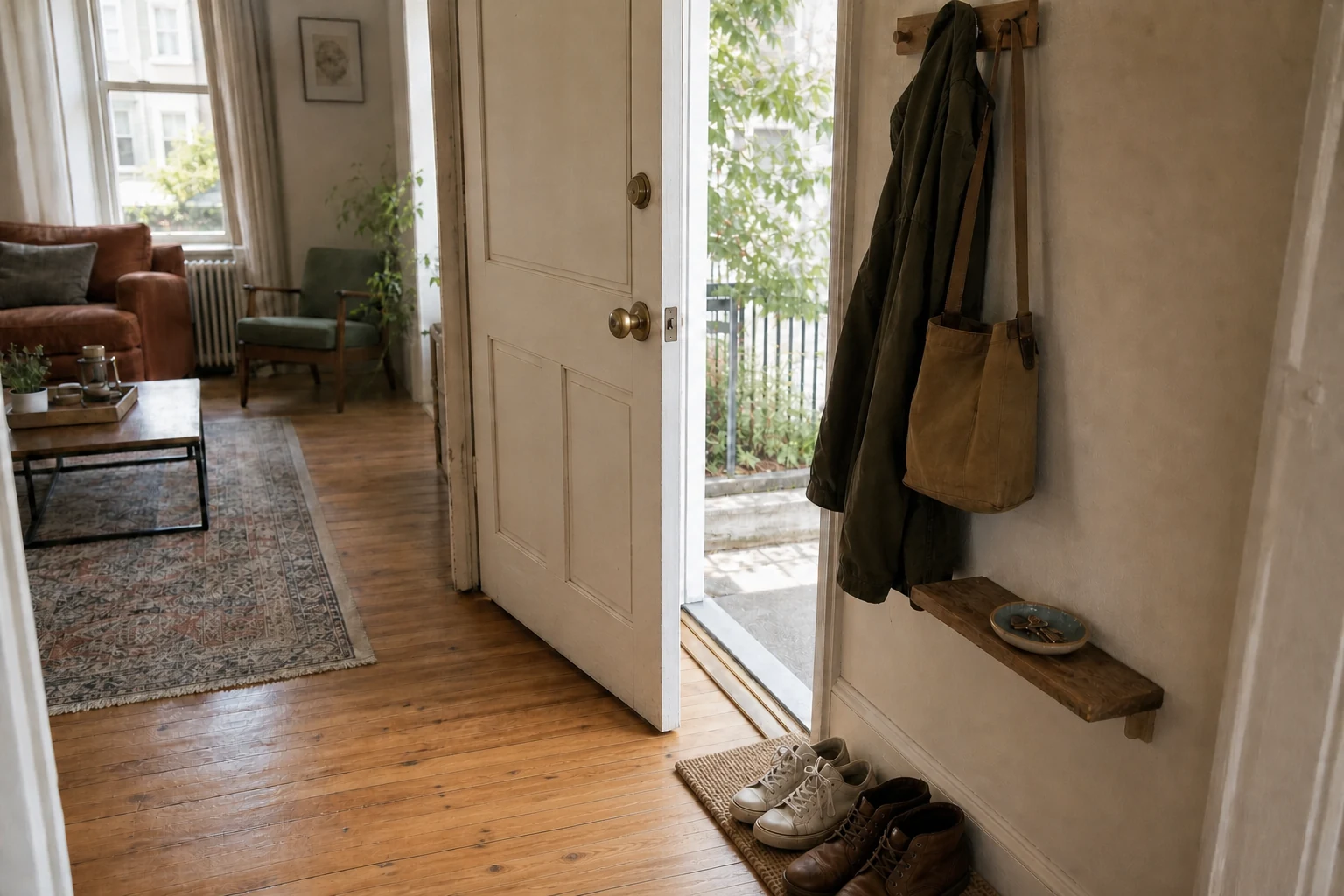 Open front door beside a narrow wall shelf, key dish, coat, tote bag and two pairs of shoes with a clear route into the living room