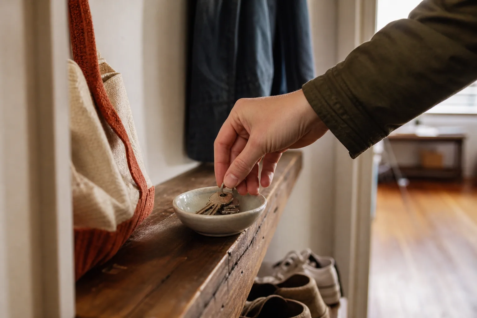 A hand dropping keys into a small ceramic bowl by the door