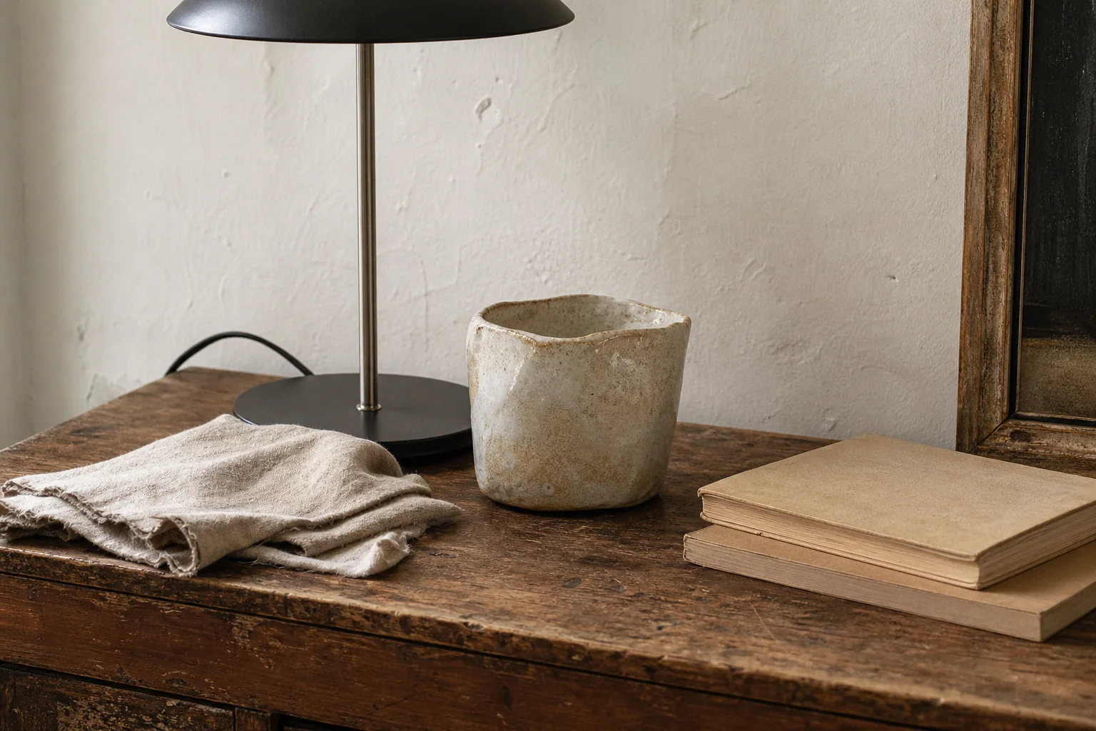 A close material study of timber, washed linen, handmade ceramic, books and a modern lamp