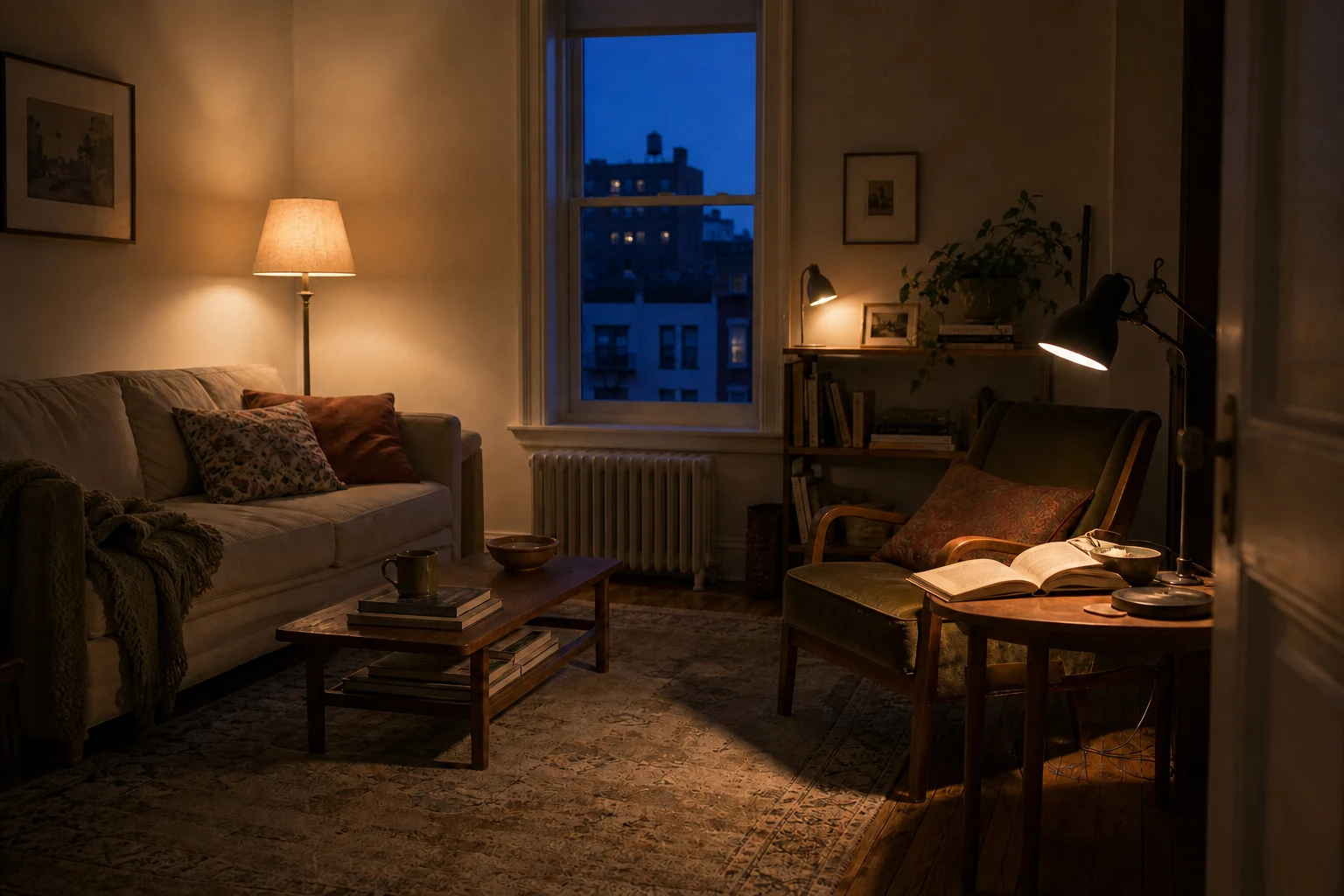 Modest living room at blue hour with a shaded floor lamp, focused reading lamp and small shelf accent light serving different jobs