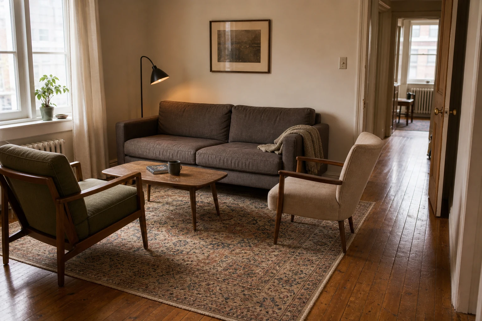 Sofa and two mismatched armchairs connected by a correctly scaled rug while the doorway route remains clear