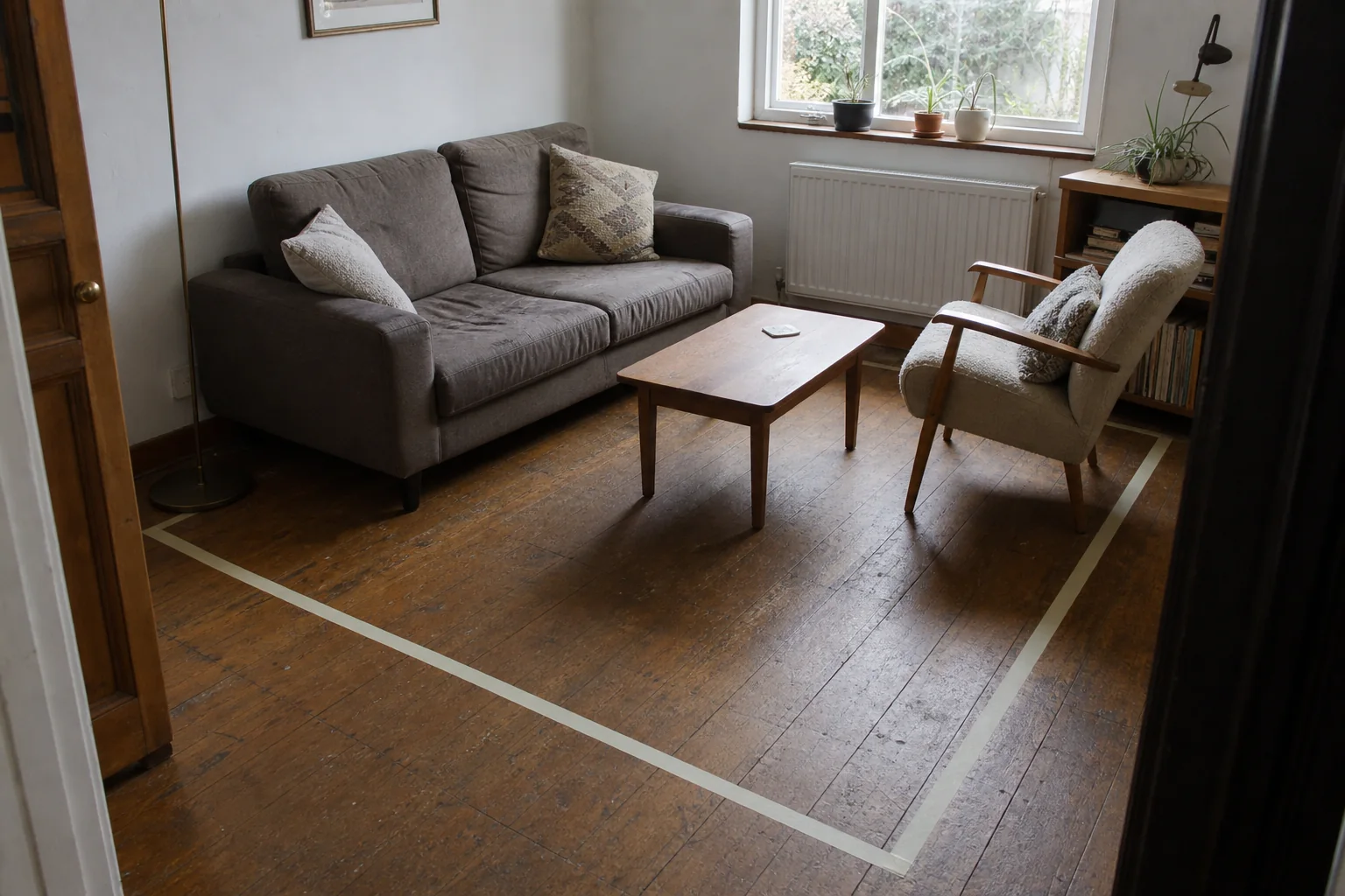 Top-down view of a lived-in seating group with a rug connecting the front legs
