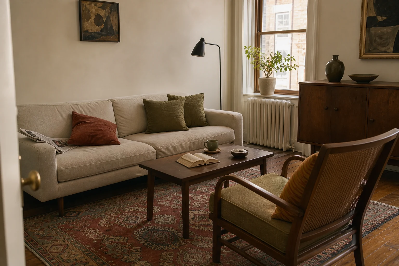 Lived-in room combining a clean-lined sofa, older cane chair, vintage timber cabinet, handmade ceramics and a faded patterned rug