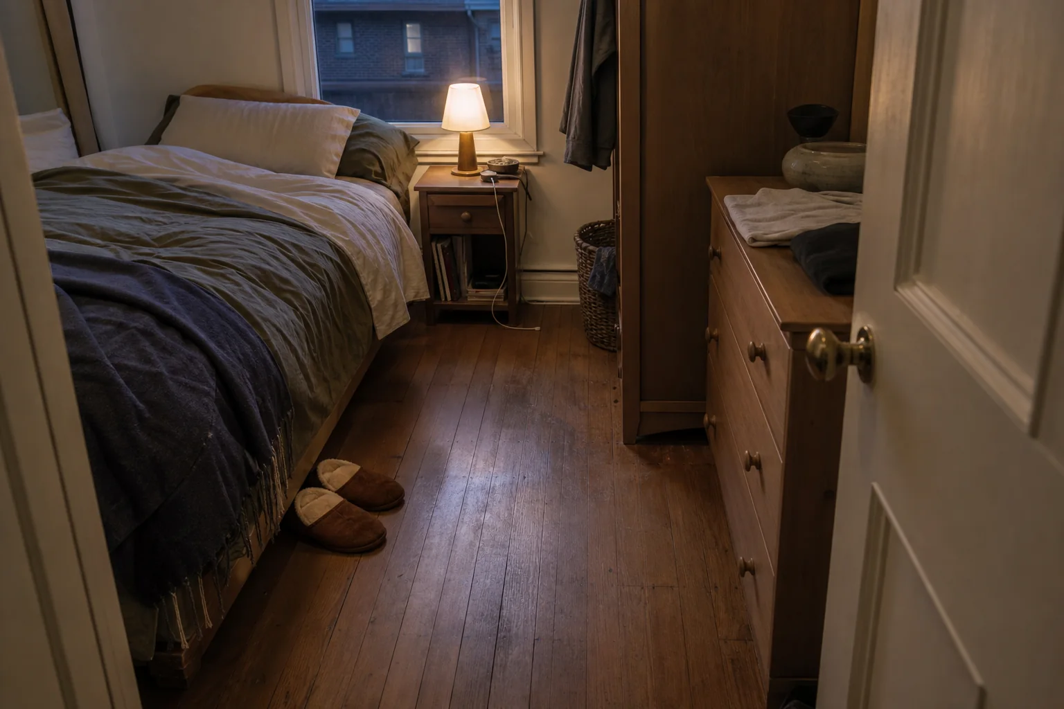 Narrow bedroom route beside a bed and open wardrobe measured in soft morning light