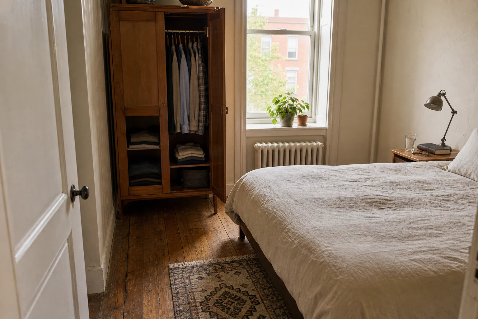 Modest bedroom with a clear route between the door, bed and open wardrobe plus an ordinary bedside lamp, water, book and glasses