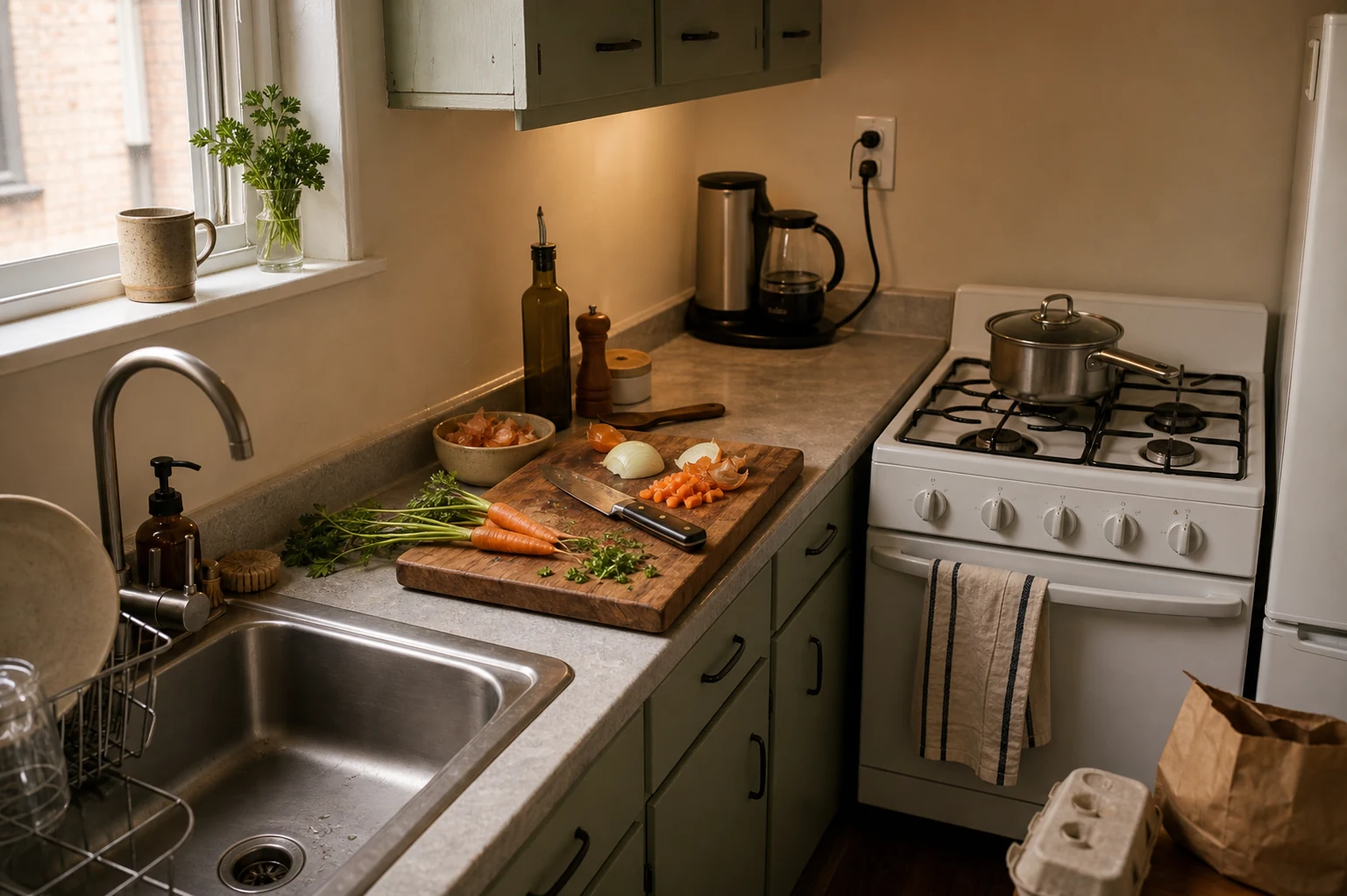 Compact working kitchen with a clear preparation board between the sink and cooker and frequently used tools close to the next action