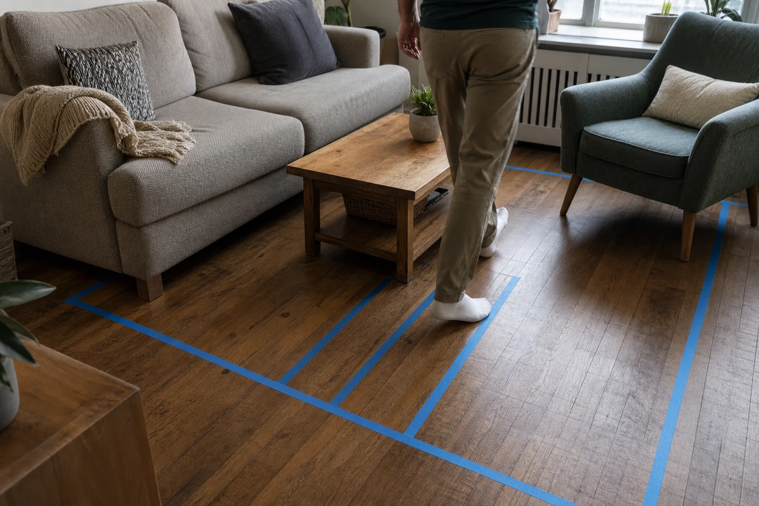 A resident testing a taped furniture footprint and walking route in a compact living room
