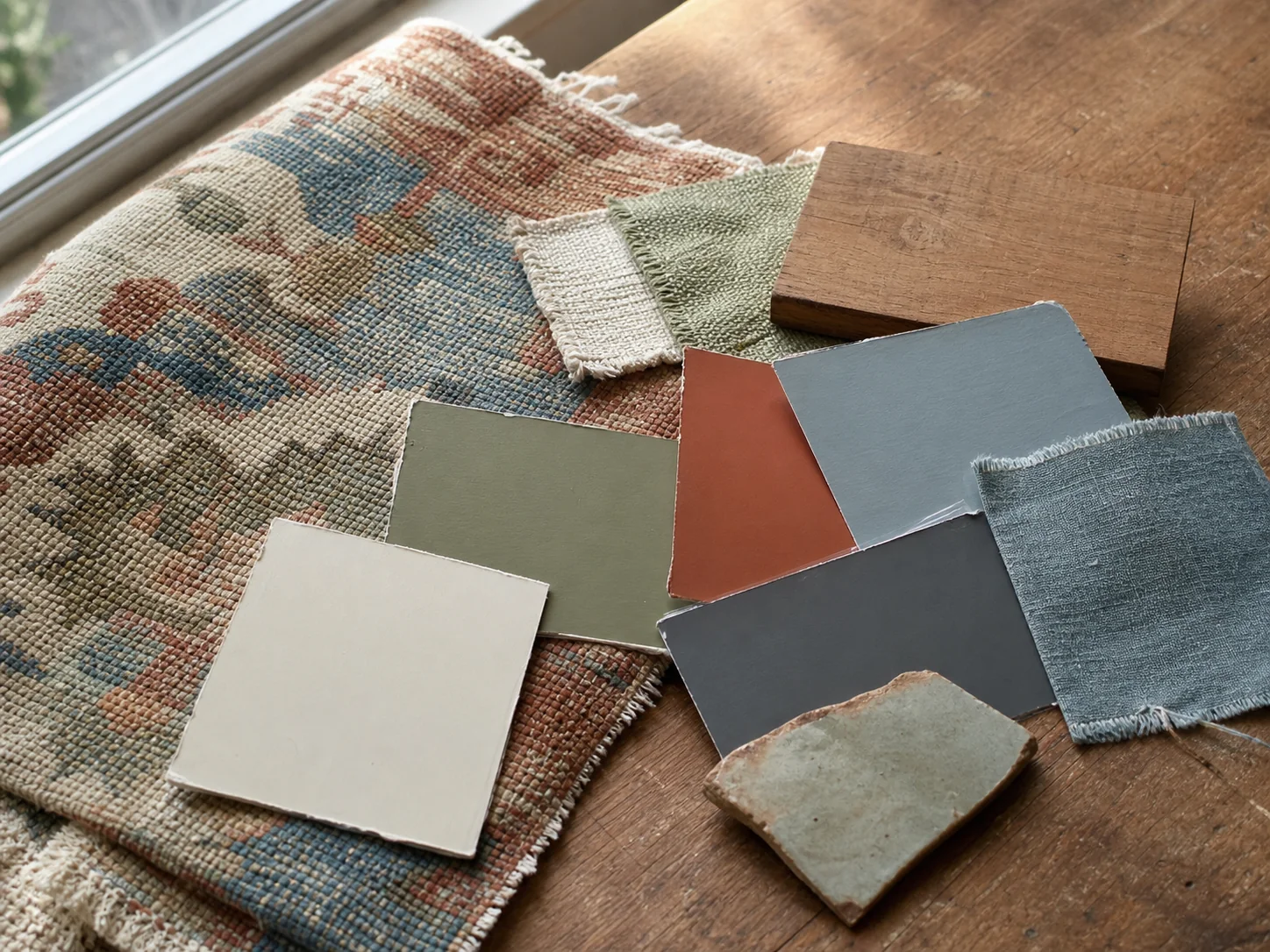 Hand arranging fabric and paint samples around a patterned ceramic plate in daylight