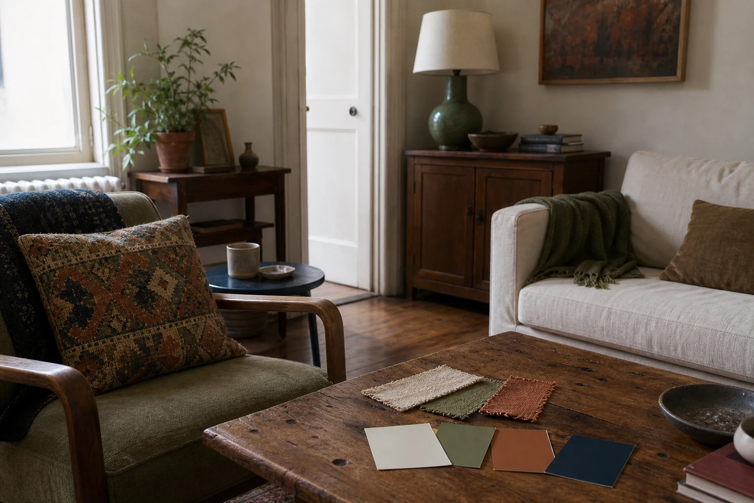 Lived-in room with a patterned textile, physical colour cards and fabric swatches guiding restrained cream, moss, rust and ink repetitions
