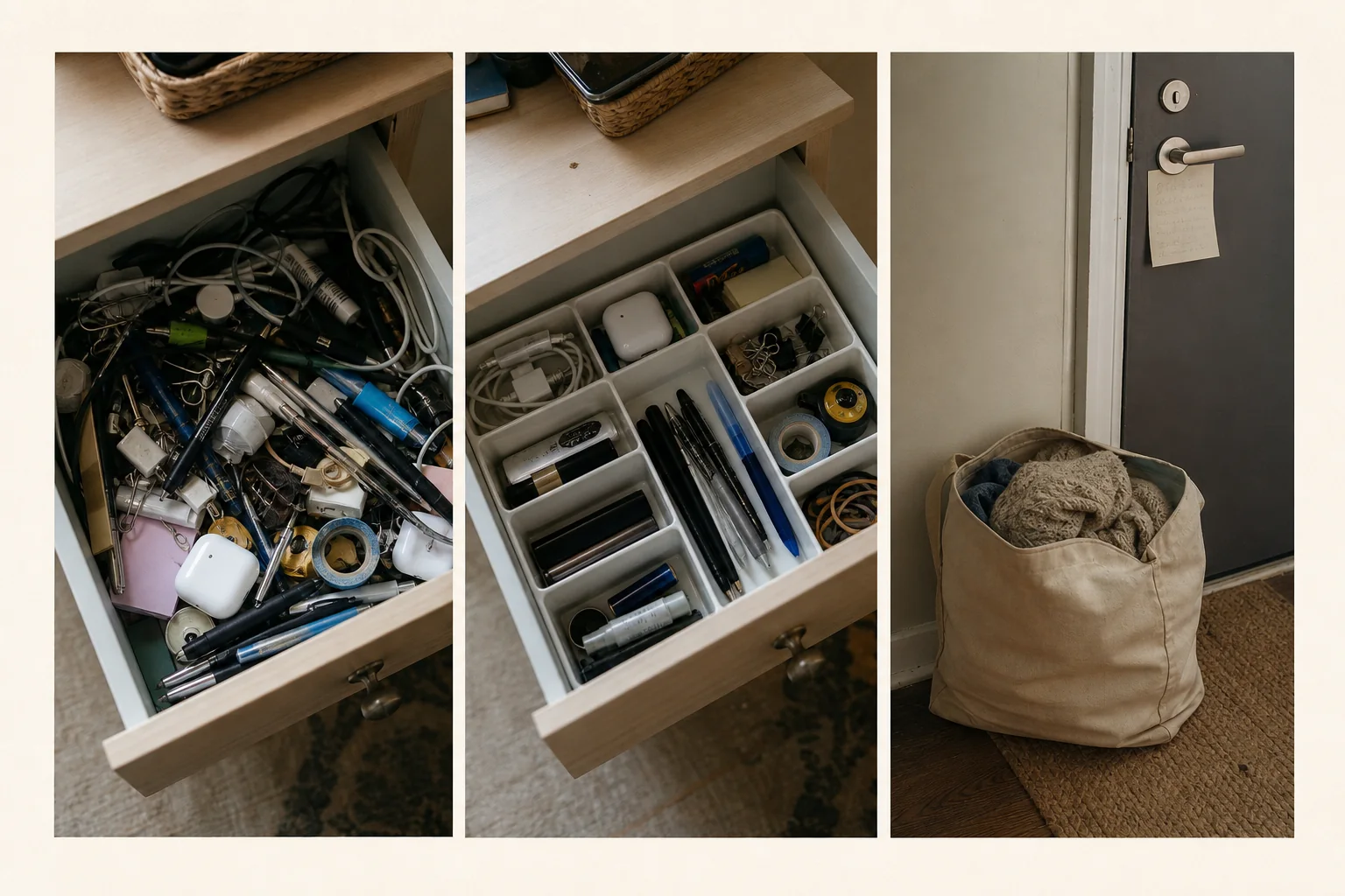 Three-frame study of a crowded drawer, the same drawer divided by use, and a donation bag waiting beside the exit