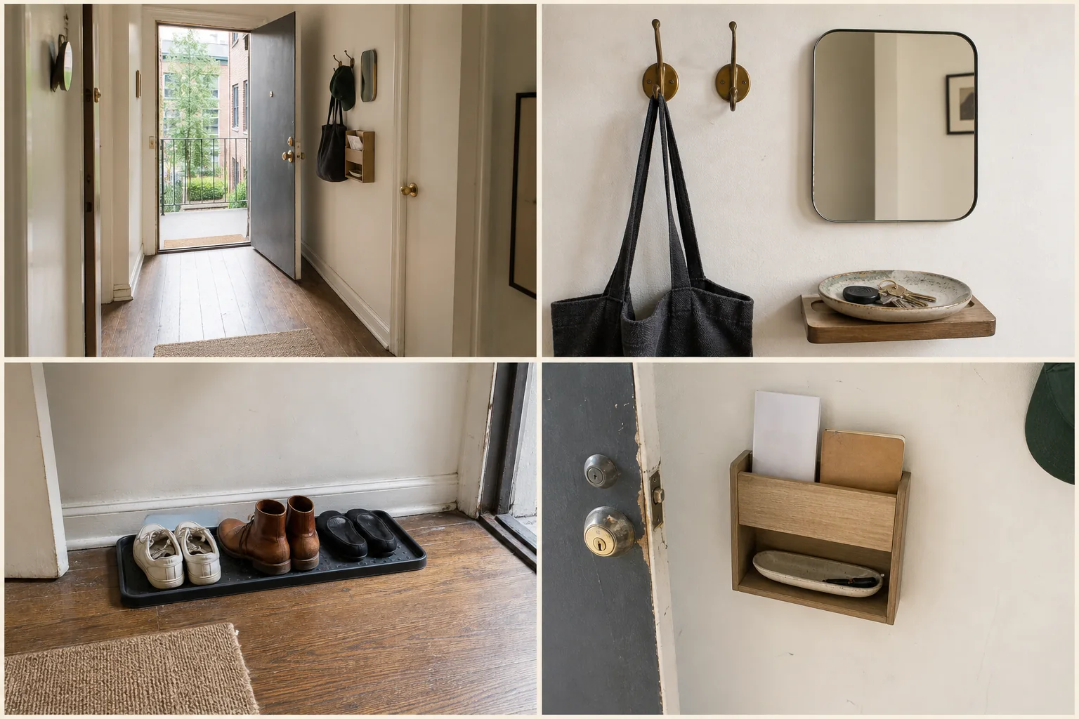 Four-frame entryway study showing a clear door route, hooks and a landing surface, a contained shoe tray, and a paper station