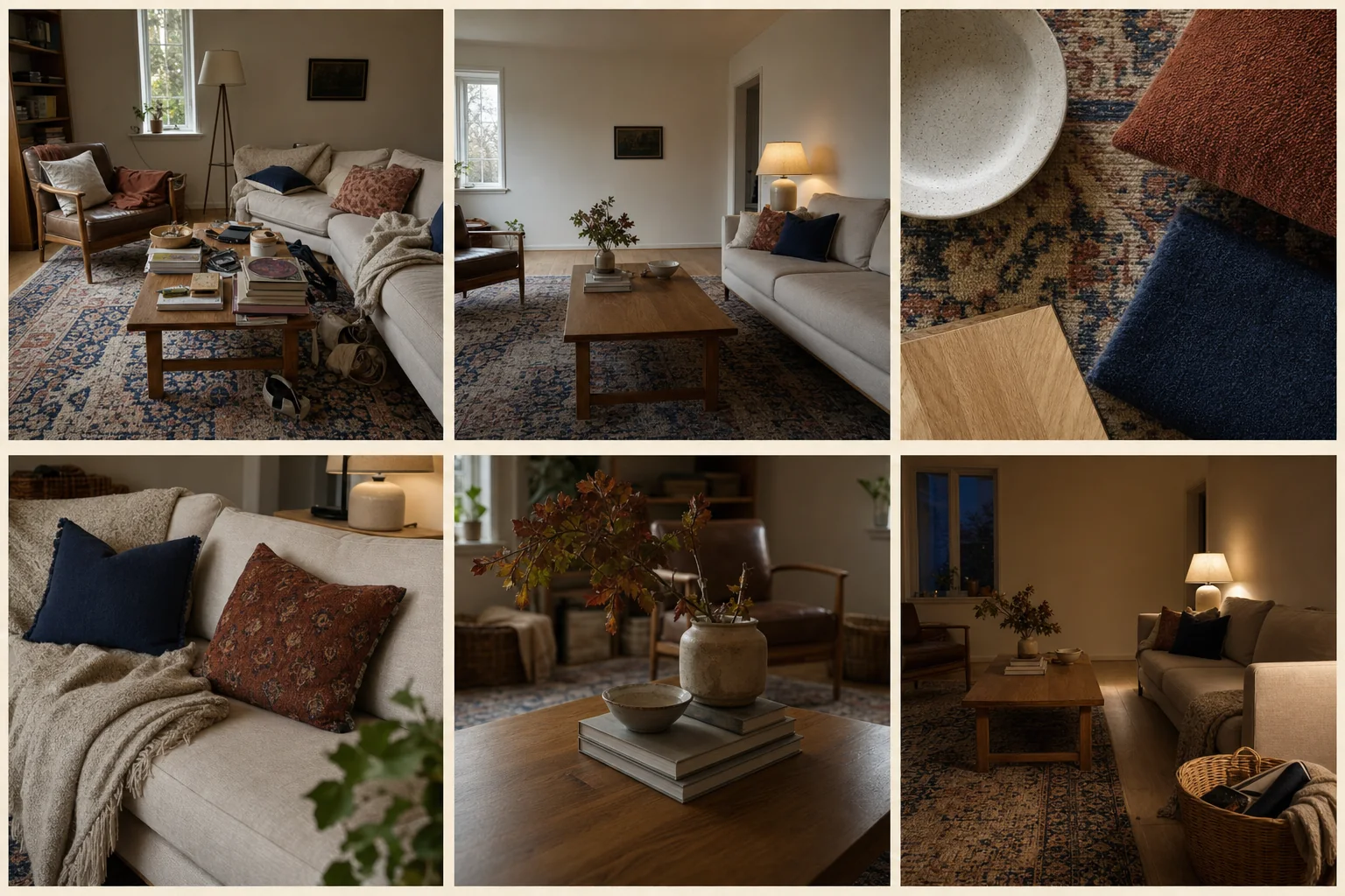 Six-frame fall reset showing a lived-in room before and after editing, a restrained textile palette, tactile layers, a simple branch arrangement, and evening lamplight