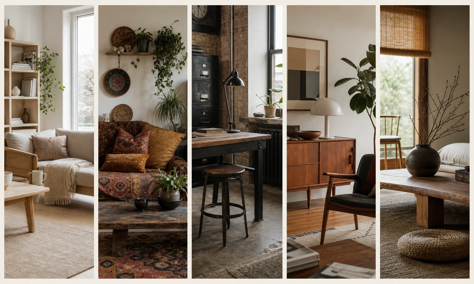 Five-panel reference study of Scandinavian, bohemian, industrial, mid-century modern, and Japandi living rooms