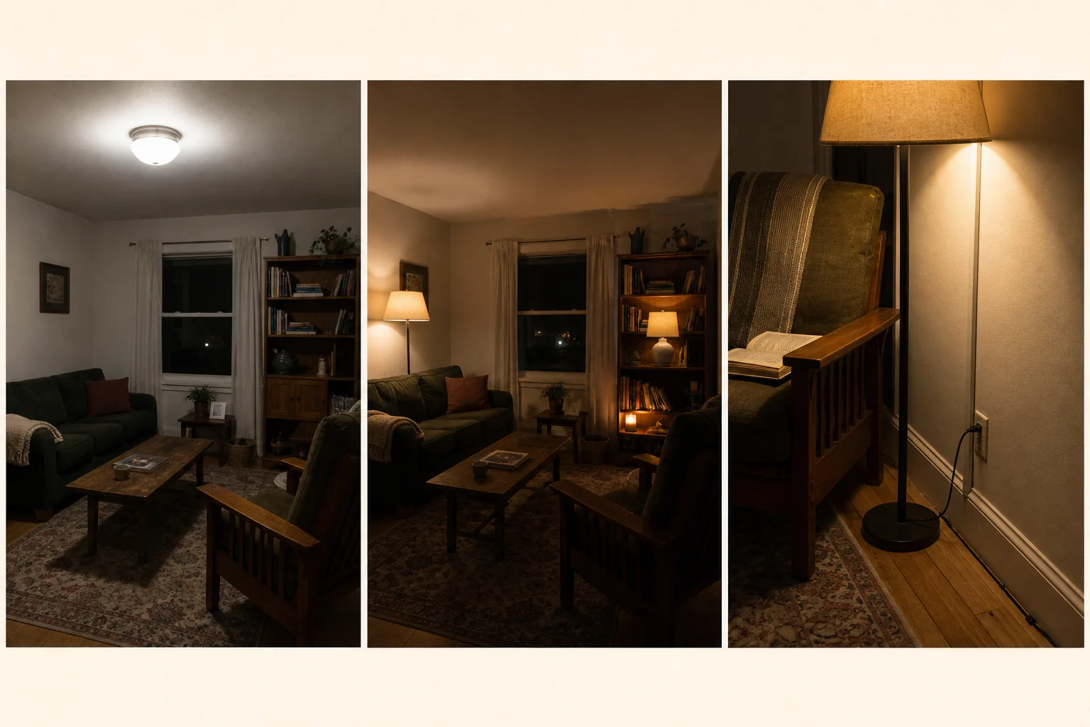 Living room lit only by a central overhead fixture, leaving the seating visually flat
