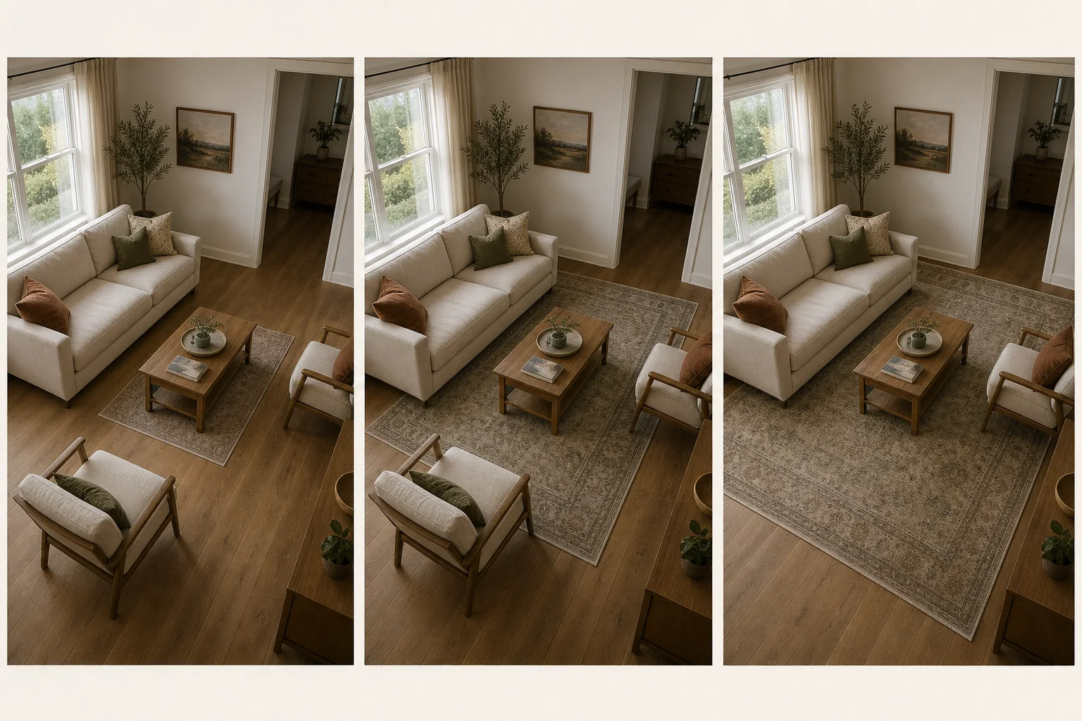 Three-view study of the same living room with a too-small rug, a front-legs rug, and a larger all-legs arrangement