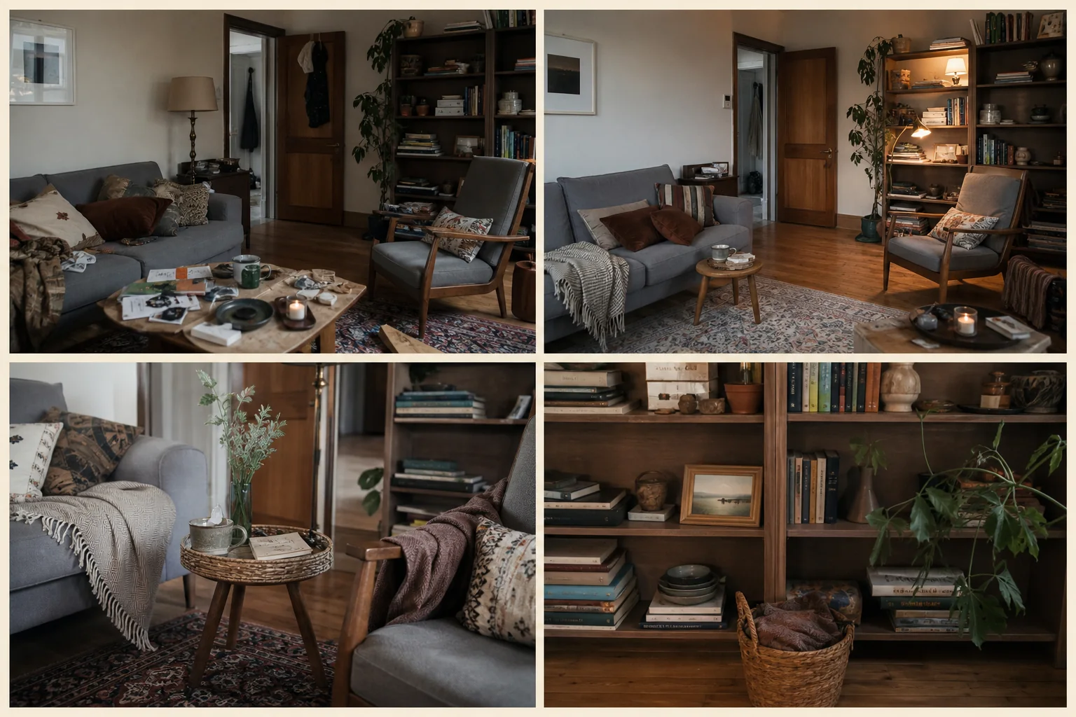 Four-frame no-buy reset study showing a cluttered living room, the same room edited with existing pieces, a side table reused as a landing, and a bookshelf rearranged with a basket for loose textiles