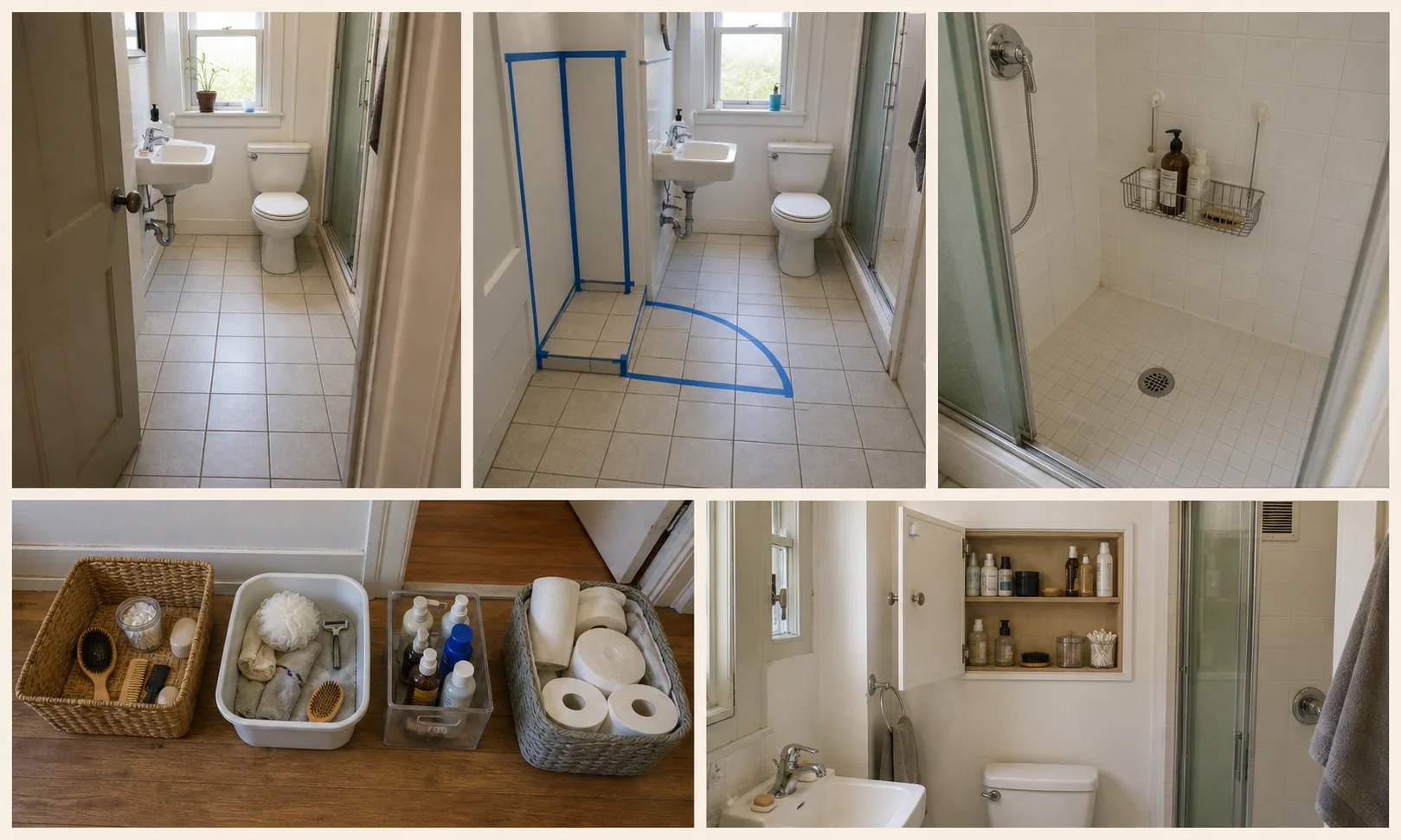 Five-frame small-bathroom study showing a clear floor route, a taped cabinet footprint, a wet holder, category sorting, and shallow wall storage