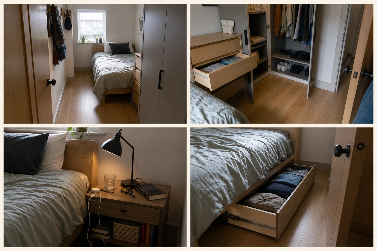 Four-frame small-bedroom study showing a clear walking route, an open wardrobe and drawer, a bedside station, and an under-bed drawer footprint