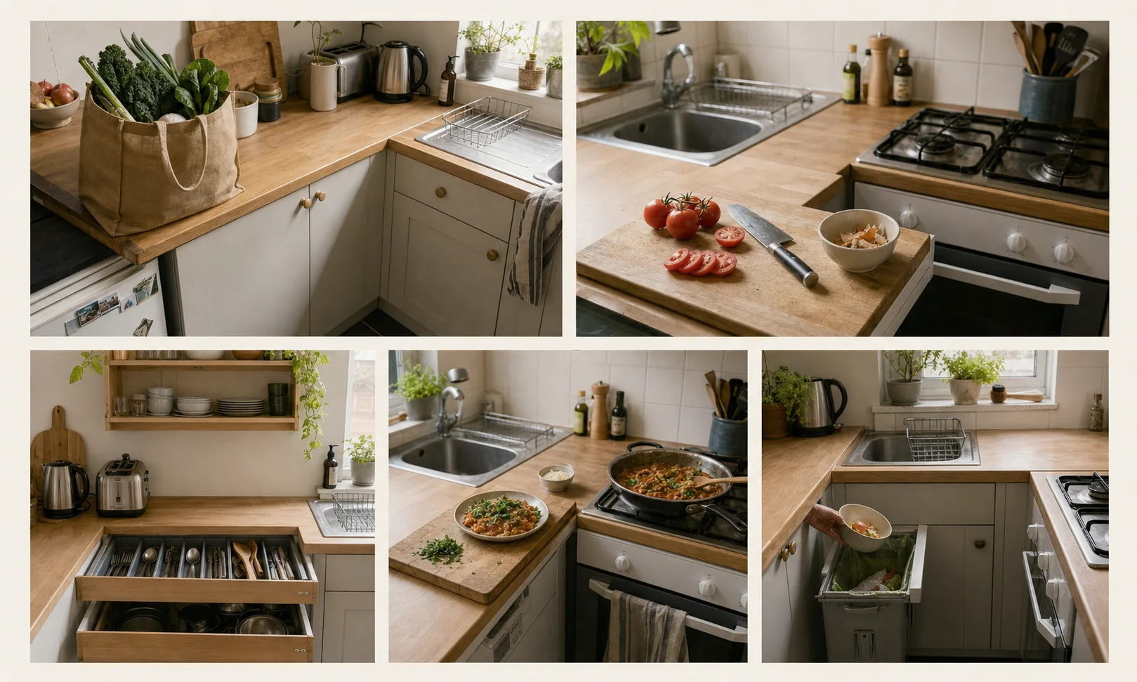 Reusable grocery bag placed on a small kitchen counter near storage and the sink