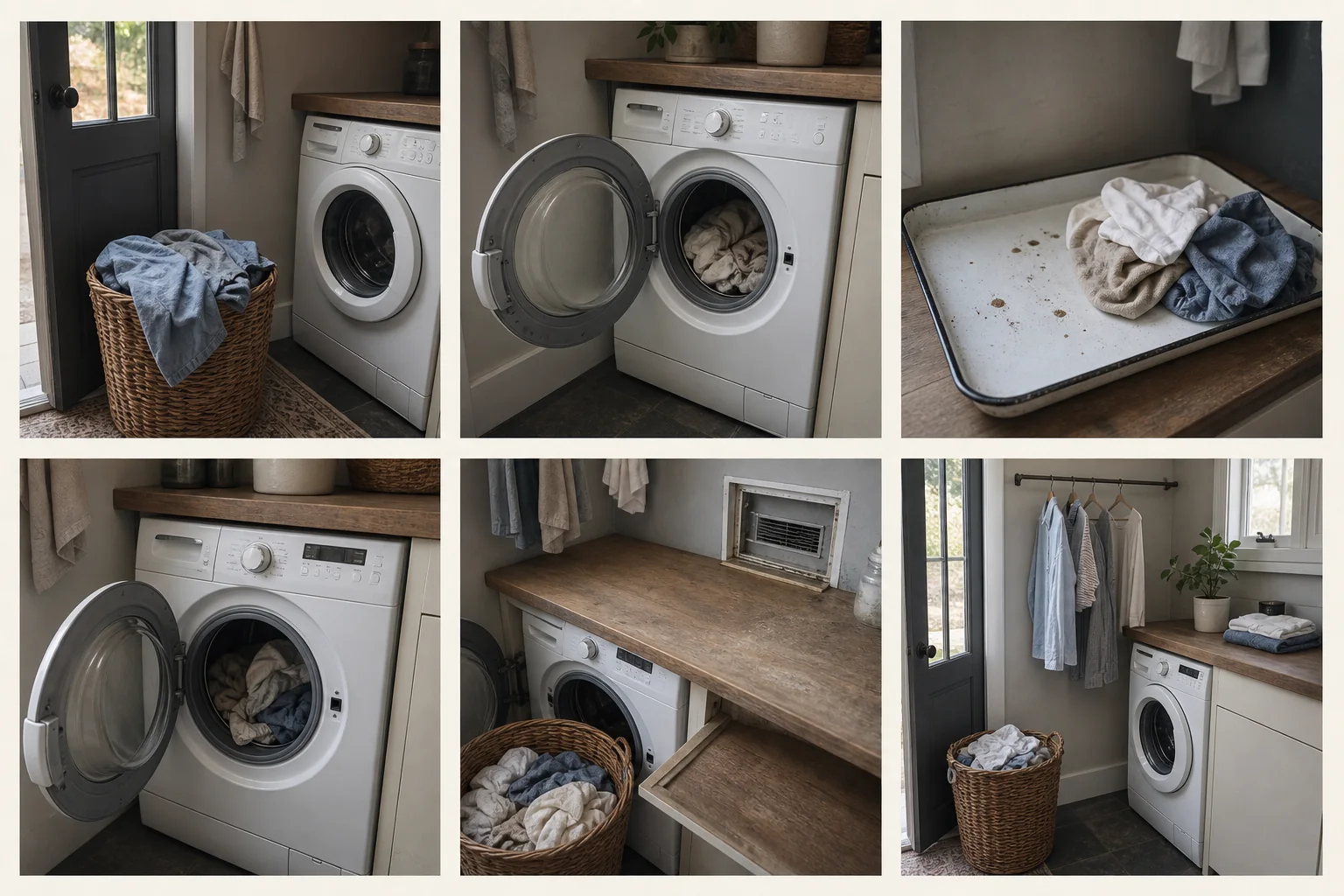 Six-frame laundry workflow showing hamper sorting, washer loading, a pocket-check tray, transfer, a landing surface, and finished clothes folded or hung