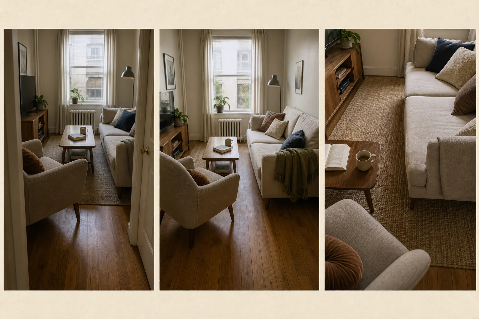 Three-view study of a compact living room showing a pinched route, an adjusted layout, and a rug that connects the seating group