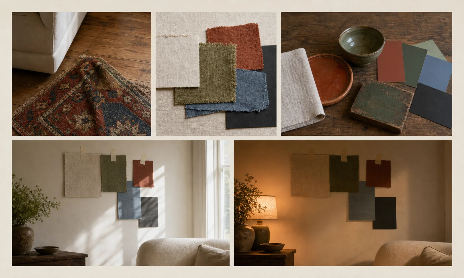 Five-frame colour-palette study showing a source rug, fabric swatches, paint and material translations, samples in daylight, and the same samples under evening lamplight