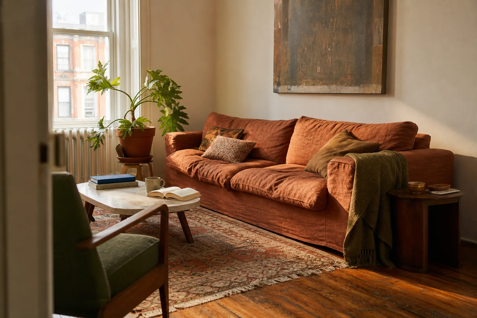 A warm, lived-in sitting room with a rust sofa, open book, mug, plants and afternoon light