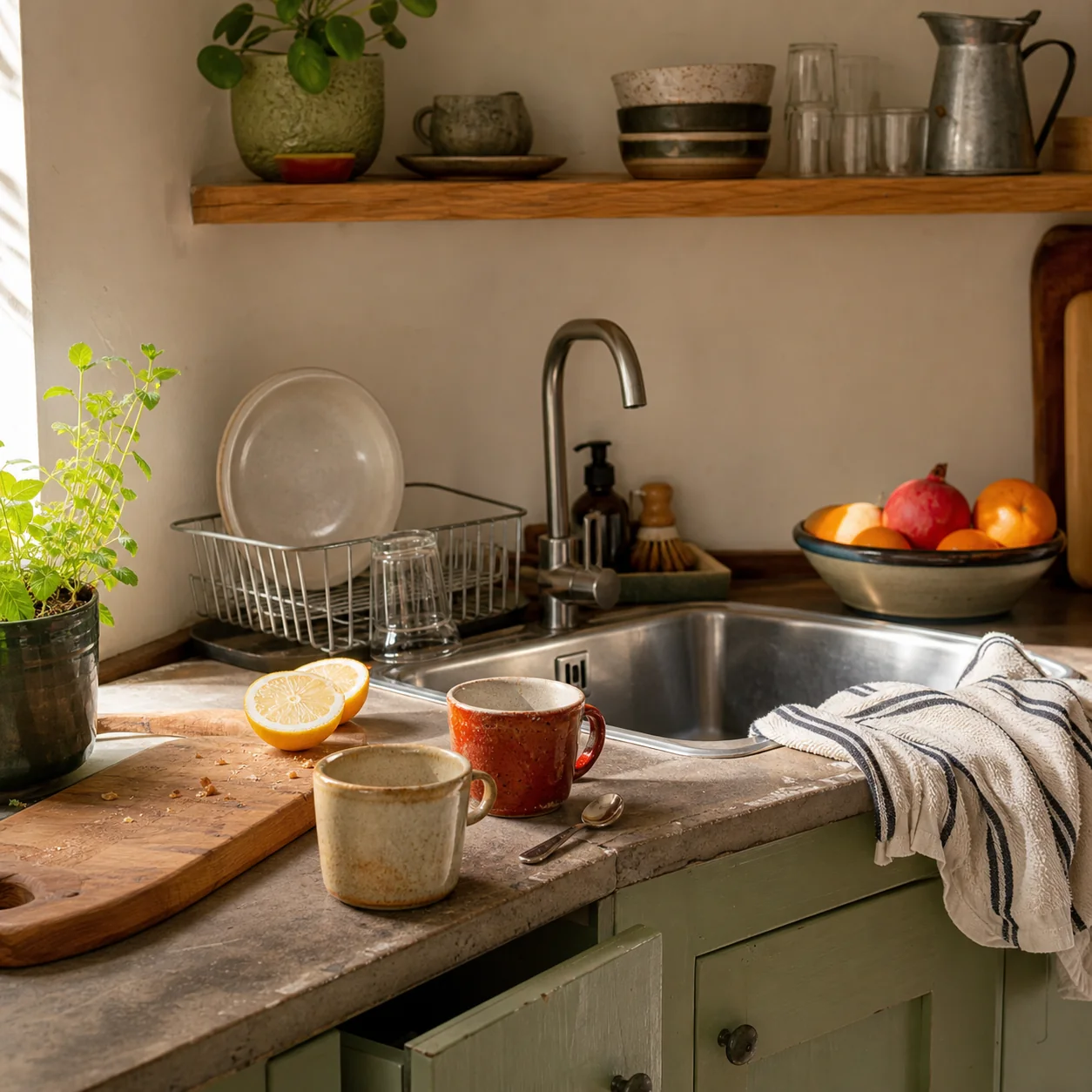 A working kitchen with two cups, a used chopping board, drying dishes and an open drawer