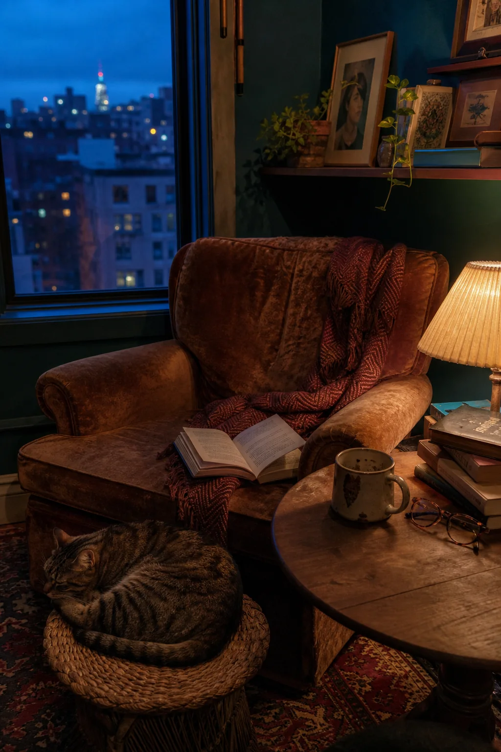Reading chair beside a shaded task lamp in a modest room on a rainy evening