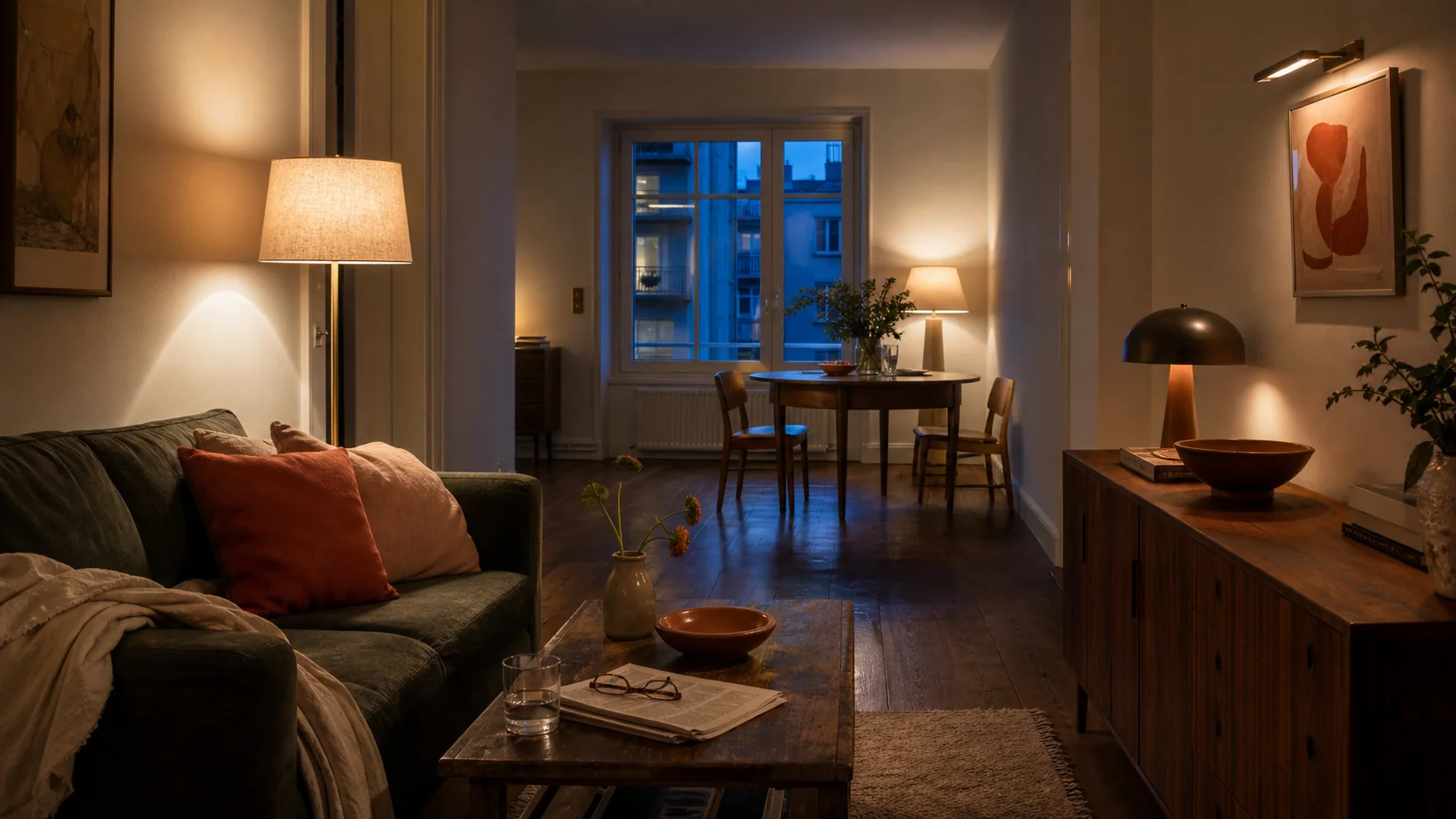 Narrow living and dining room with a clear route and several layers of warm evening light
