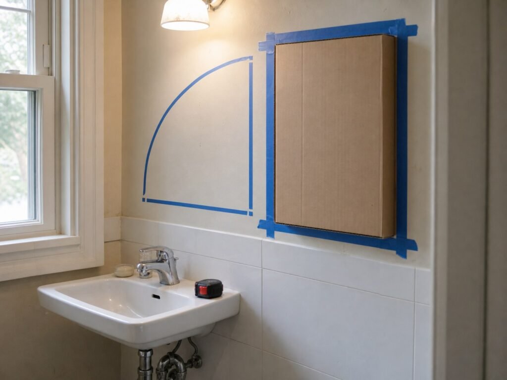Low-tack tape outlining a proposed shallow bathroom cabinet while the door and plumbing access remain visible