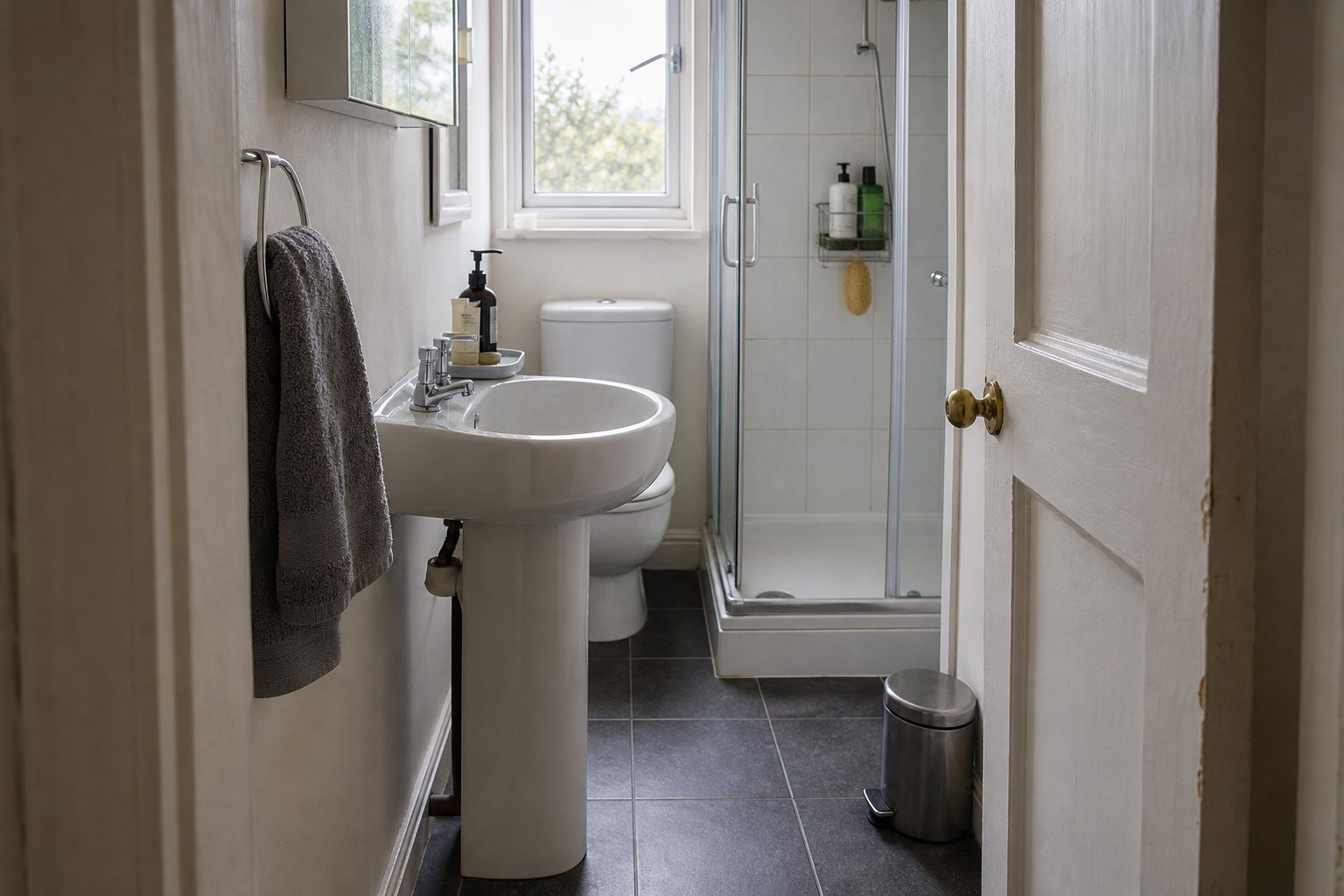 Narrow working bathroom with a clear route from the open door to the basin, toilet and shower