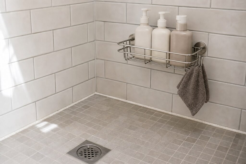 Three plain bottles in a removable wire shower holder above an empty tiled floor with grout and the drain visible