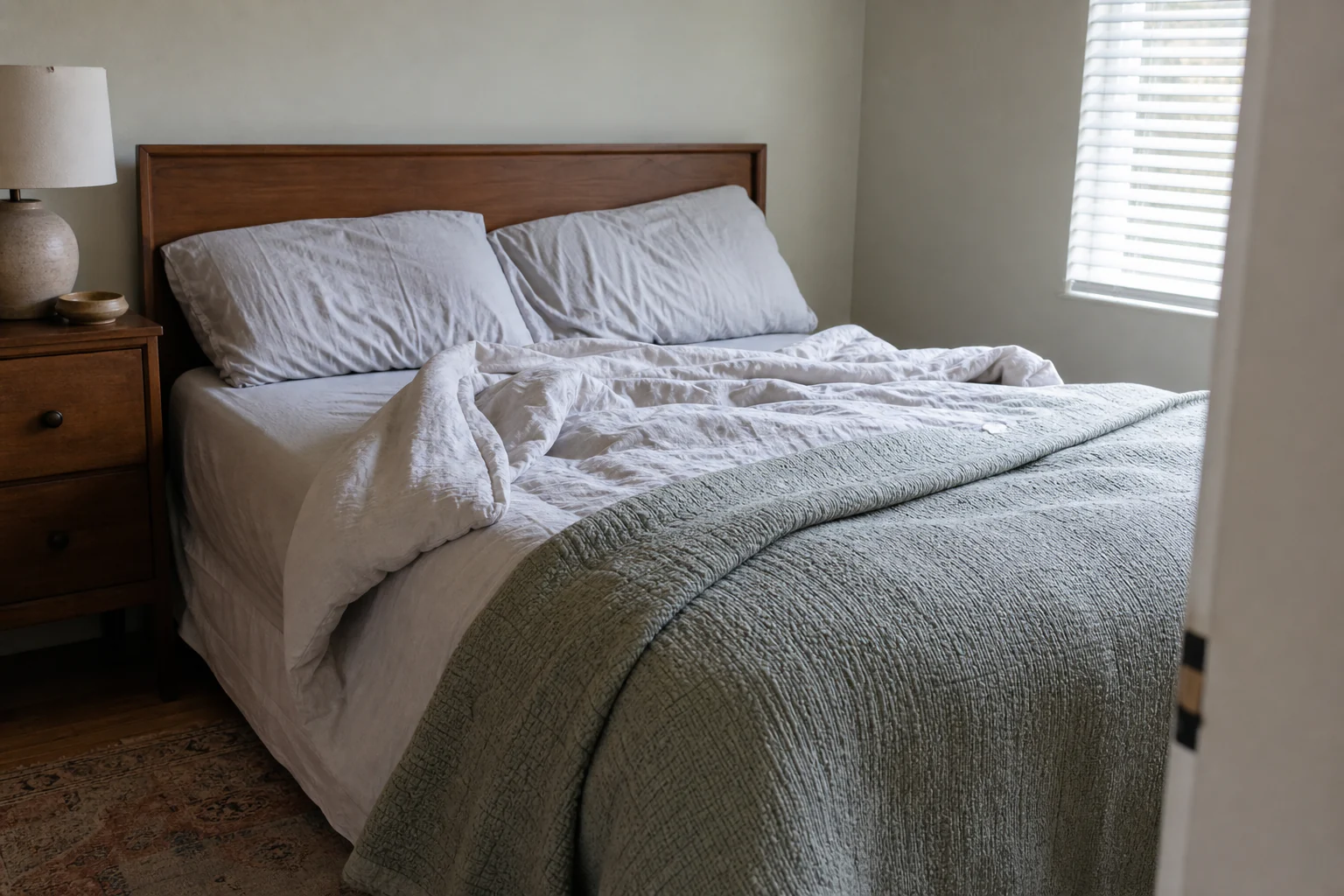 Naturally rumpled bedroom with breathable sheets, a light main cover, one folded adjustment layer, and restrained decorative pillows