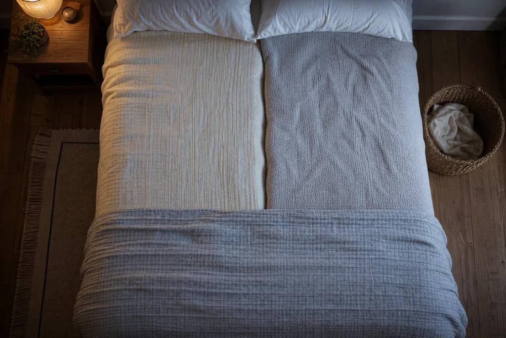 Shared bed with separate light and warm adjustment layers for two sleepers, united by one calm colour palette