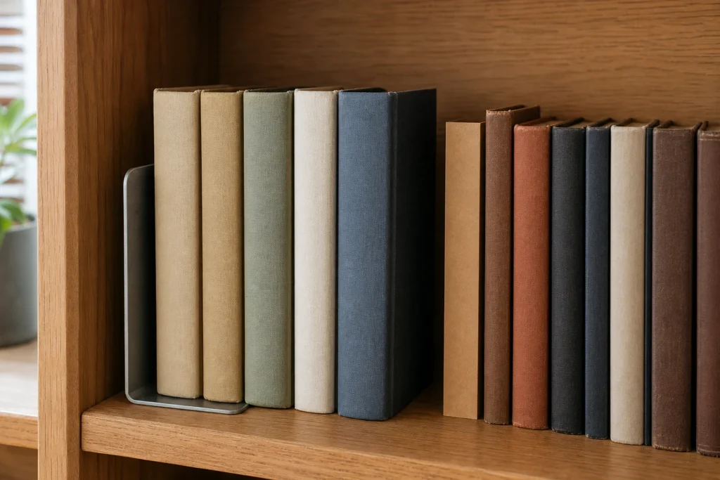 Chest-height shelf with a short current-reading row held by a bookend and one blank marker left where a borrowed volume was removed.