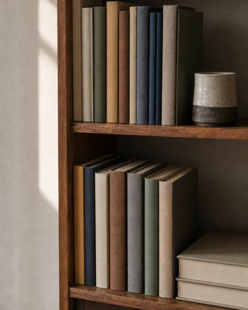 Asymmetrical bookshelf section with upright similar-size books, one short flat oversized volume stack and a single stable ceramic object away from direct sun.