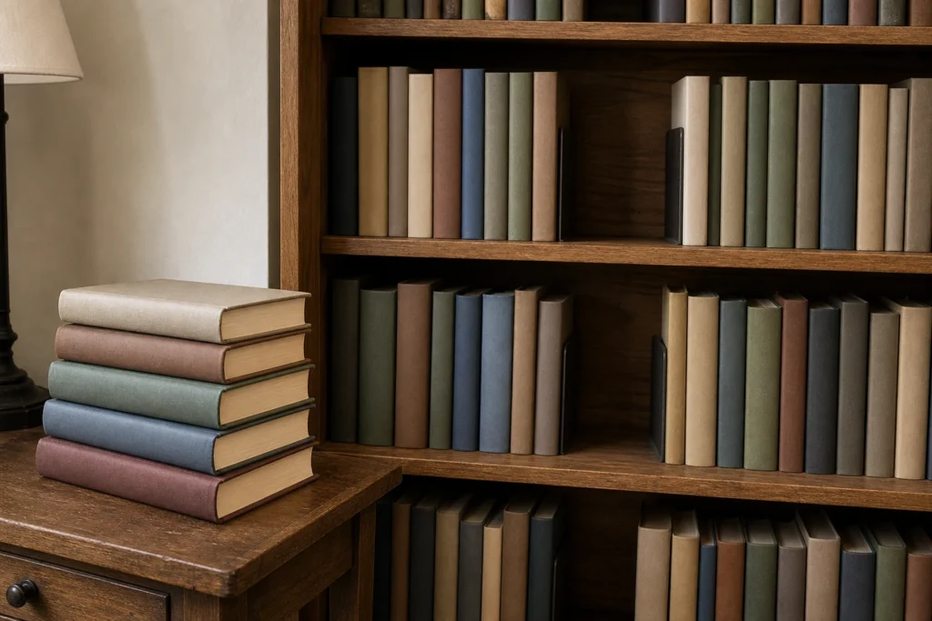 Five books resting on a nearby table while their gaps remain visible across a stable, organised bookcase with upright rows still supported.