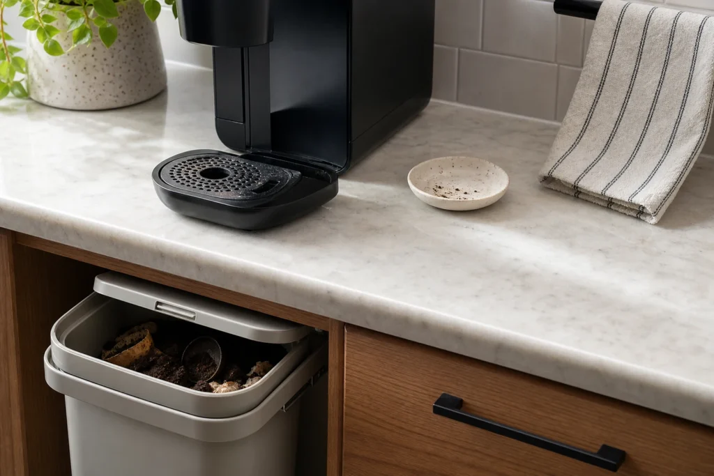Coffee cleanup area with a removable drip tray, small compost caddy, washable spoon rest and cloth hanging open to dry.