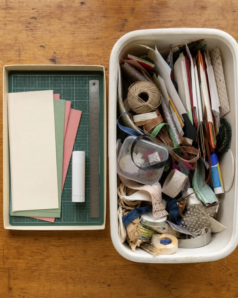 Shallow paper-craft tray with ruler, adhesive and selected card beside a deep tub of mixed supplies.