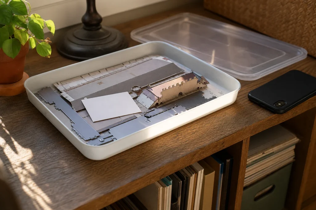 Dry paper model pieces arranged in sequence inside a shallow lidded pause tray on a supported shelf.