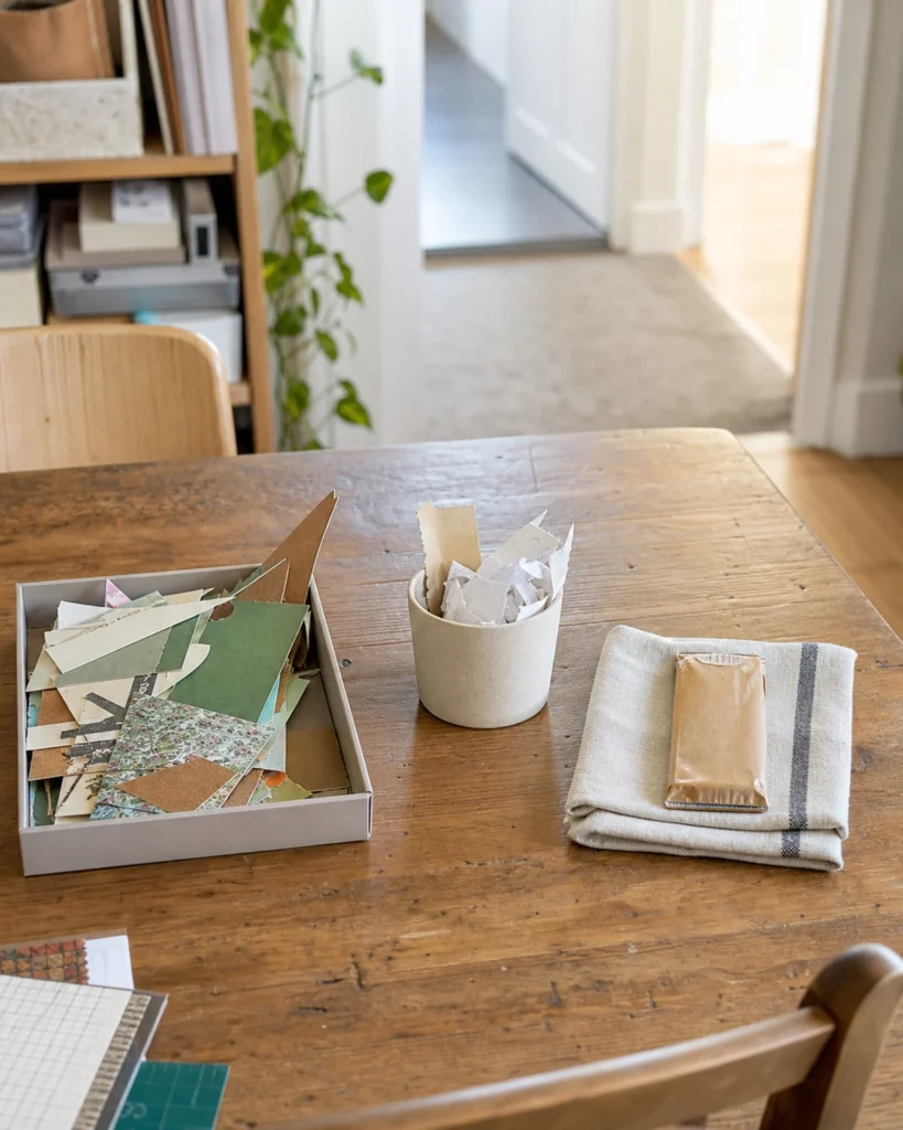 Craft-table cleanup landing zone with reusable paper offcuts, a dry waste cup and wiping cloth kept separately.