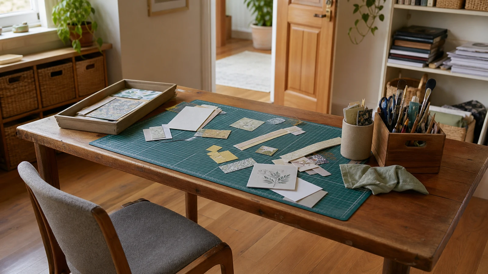 Shared craft table with a clear cutting area, one active paper project tray and a portable tool caddy in an ordinary spare room.