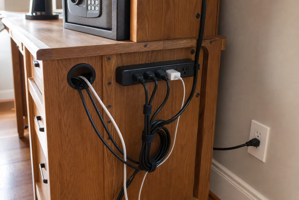 Desk cable route grouped by destination with a labelled power landing point and loose service loop