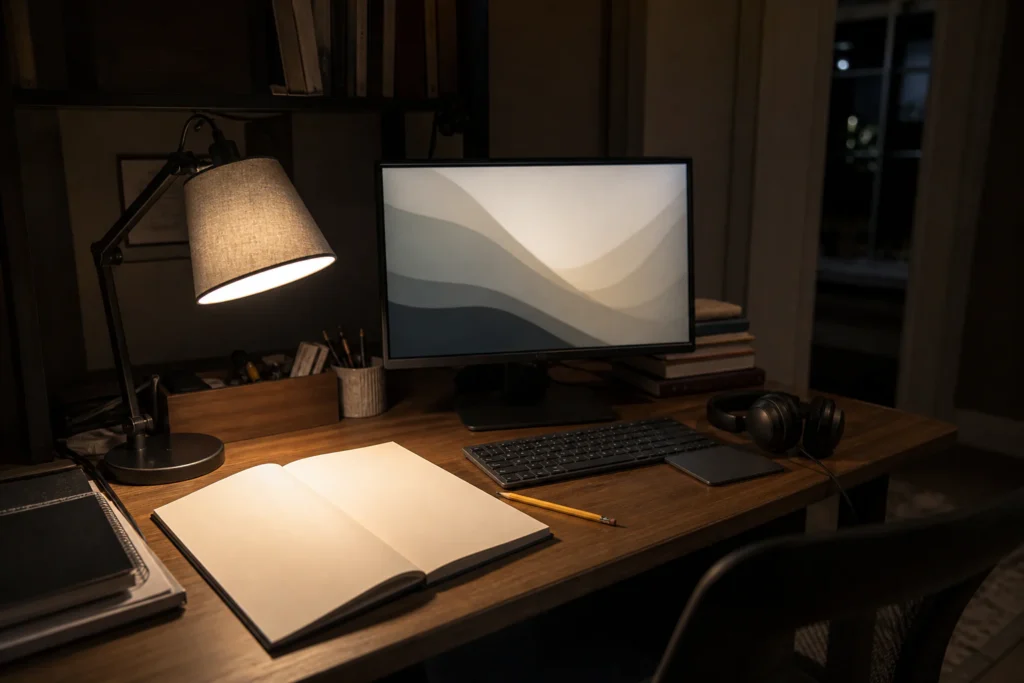 Desk hutch after sunset with a shaded task lamp illuminating paper while the monitor remains free of glare